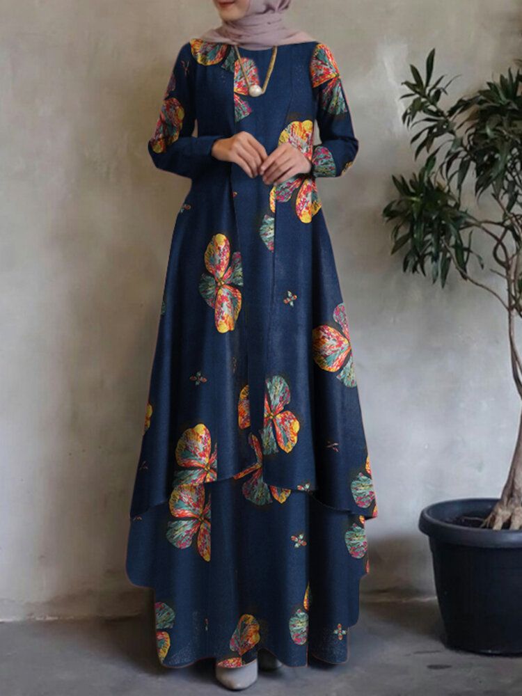 Damen Kaftan Tunika 100% Baumwolle Doppellagiges Design Freizeit Maxikleid Mit Blumenmuster