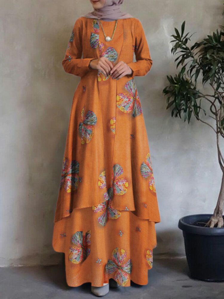 Damen Kaftan Tunika 100% Baumwolle Doppellagiges Design Freizeit Maxikleid Mit Blumenmuster