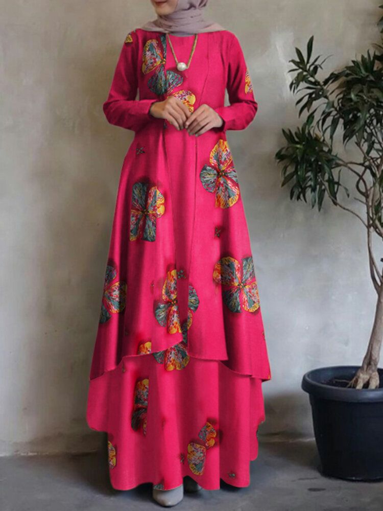 Damen Kaftan Tunika 100% Baumwolle Doppellagiges Design Freizeit Maxikleid Mit Blumenmuster