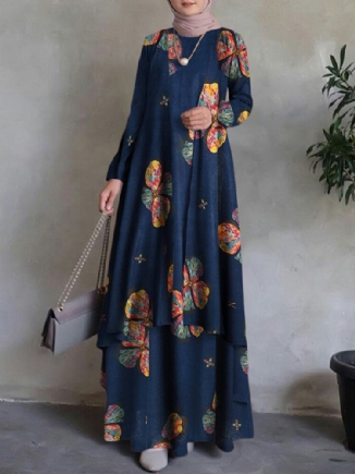 Damen Kaftan Tunika 100% Baumwolle Doppellagiges Design Freizeit Maxikleid Mit Blumenmuster