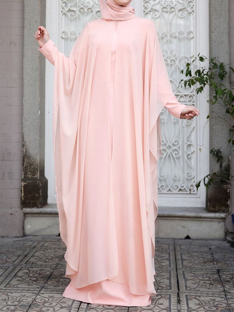 Damen Kaftan Tunika Zweiteiliges Maxikleid Mit Abnehmbarer Fledermaus Und Langen Ärmeln