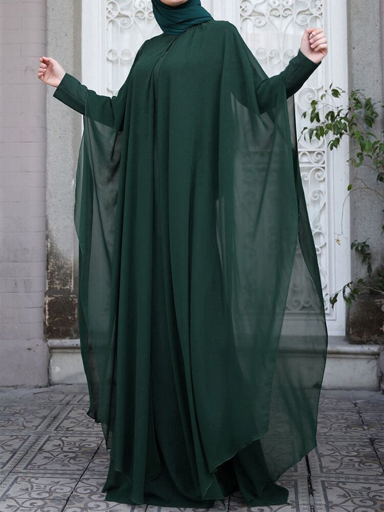 Damen Kaftan Tunika Zweiteiliges Maxikleid Mit Abnehmbarer Fledermaus Und Langen Ärmeln