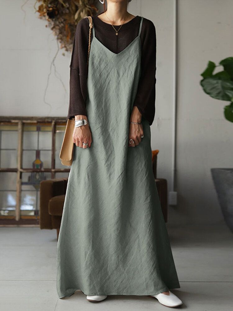 Damen-maxikleid Aus Baumwolle Mit V-ausschnitt Und Verstellbaren Trägern