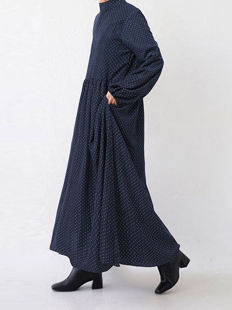 Damen Maxikleid Mit Rautenmuster Swing-puffärmeln Und Seitentasche