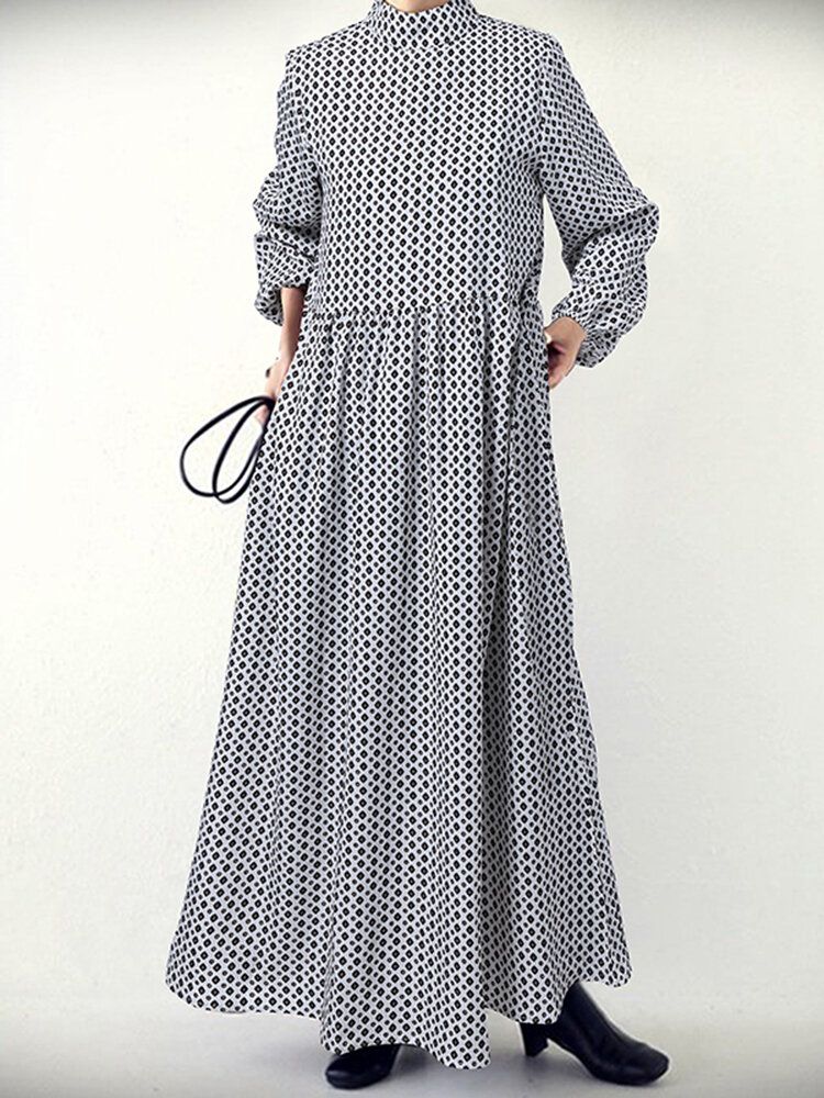 Damen Maxikleid Mit Rautenmuster Swing-puffärmeln Und Seitentasche