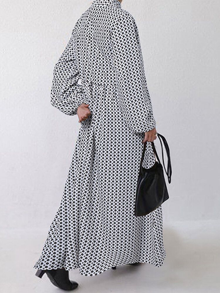 Damen Maxikleid Mit Rautenmuster Swing-puffärmeln Und Seitentasche