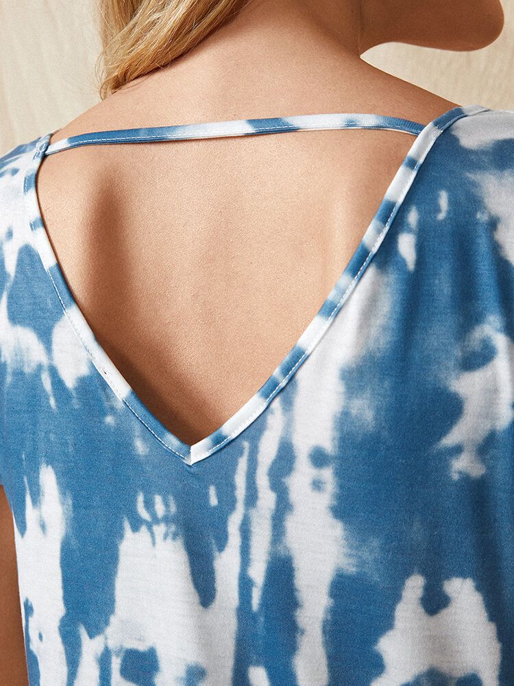 Damen Solide V-ausschnitt Tie Dye Split Side Lässige Kurzarm Maxikleider