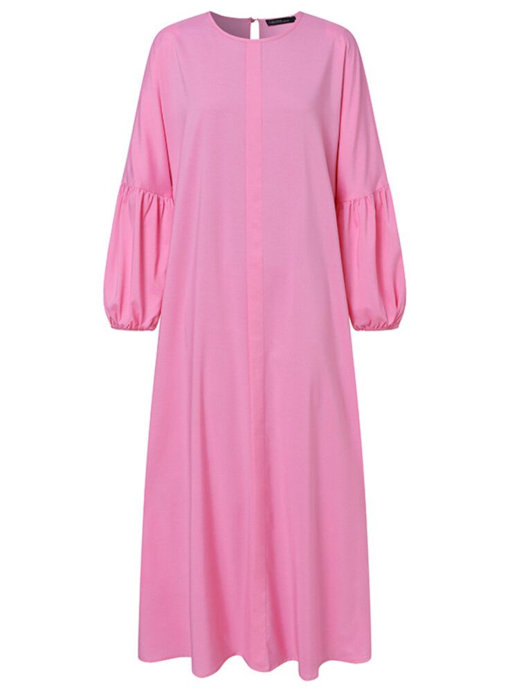 Einfarbige Elastische Manschetten O-ausschnitt Puffärmel Plissiertes Muslimisches Maxikleid Kaftan Für Frauen