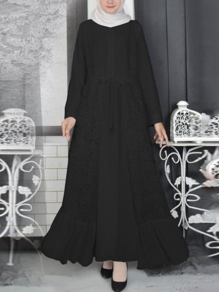 Einfarbige Retro-nähte Mit Rüschen Am Saum Zum Schnüren Langärmliges Muslimisches Kaftan-maxikleid