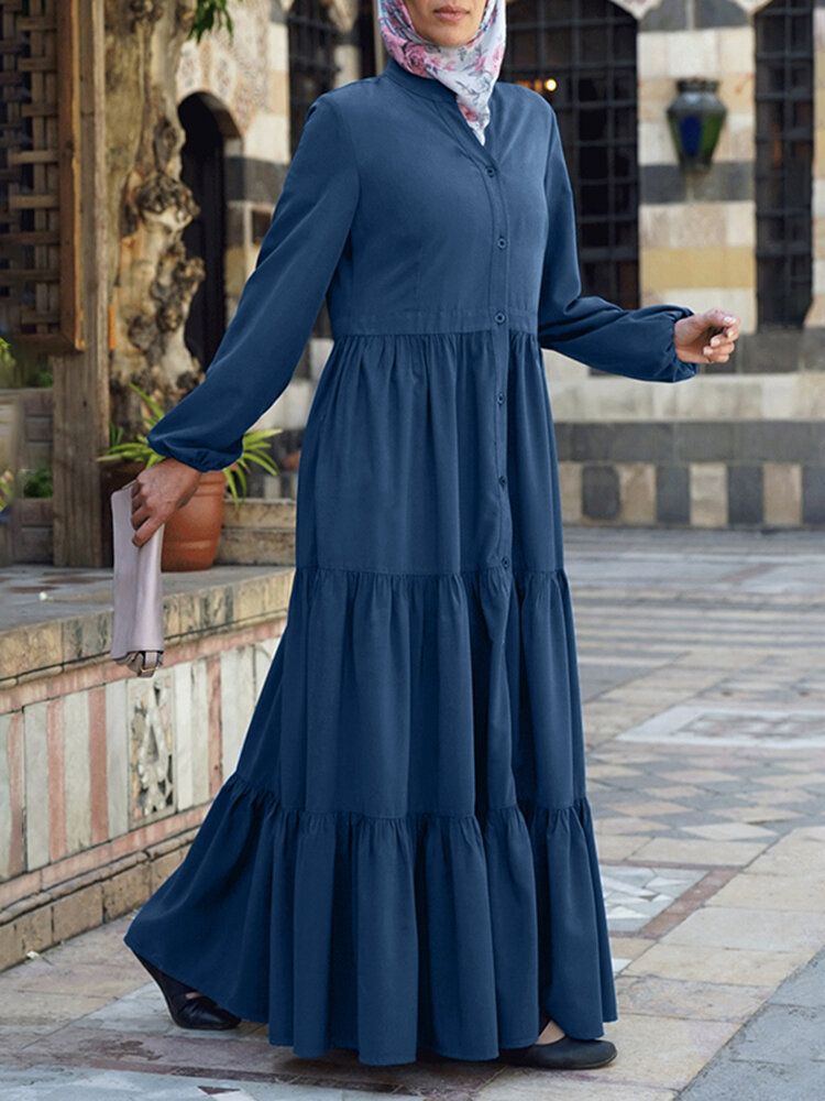 Einfarbiges Plissiertes Kaftan-robe-schichtkleid Für Damen Mit O-ausschnitt Und Falten