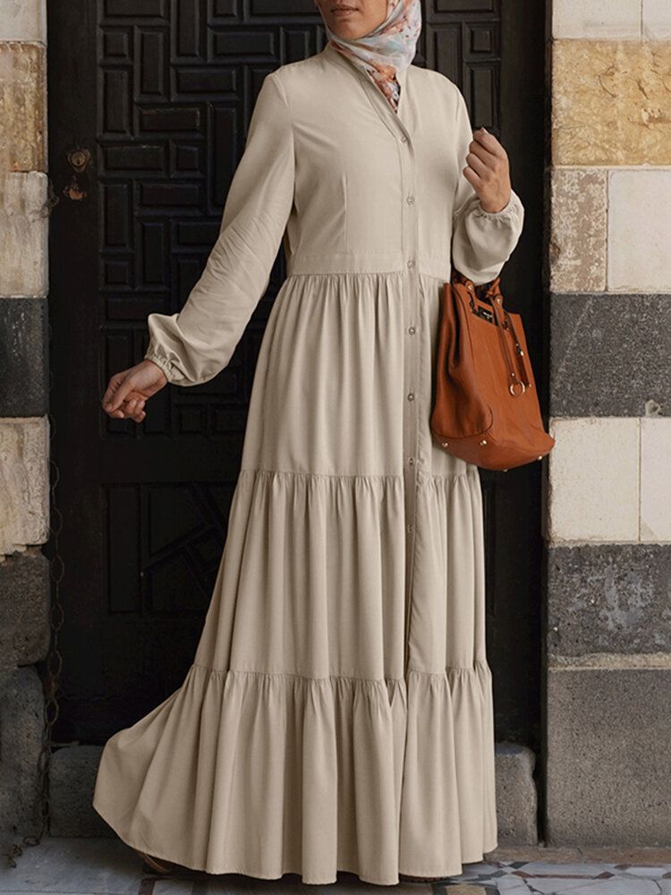 Einfarbiges Plissiertes Kaftan-robe-schichtkleid Für Damen Mit O-ausschnitt Und Falten