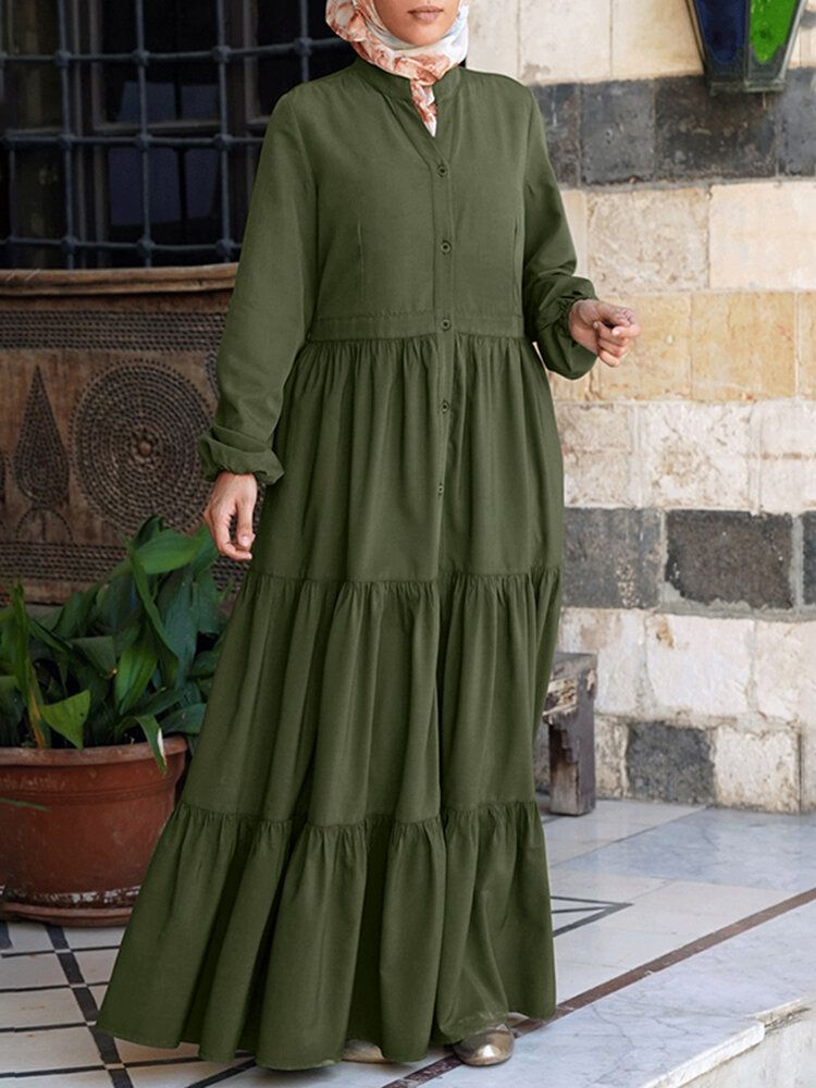 Einfarbiges Plissiertes Kaftan-robe-schichtkleid Für Damen Mit O-ausschnitt Und Falten