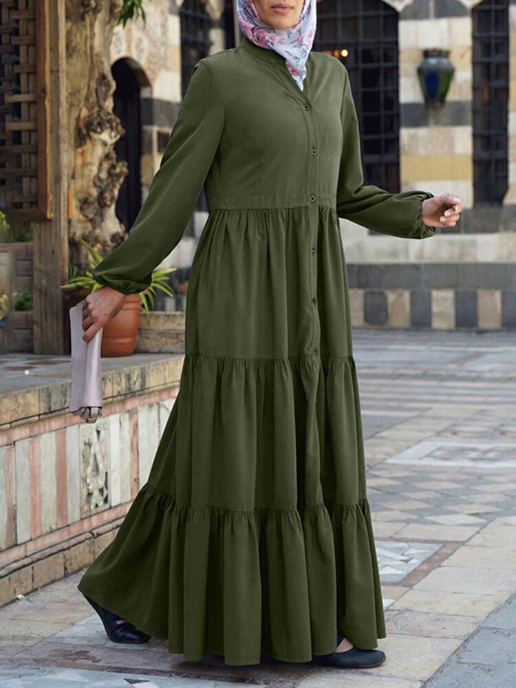 Einfarbiges Plissiertes Kaftan-robe-schichtkleid Für Damen Mit O-ausschnitt Und Falten