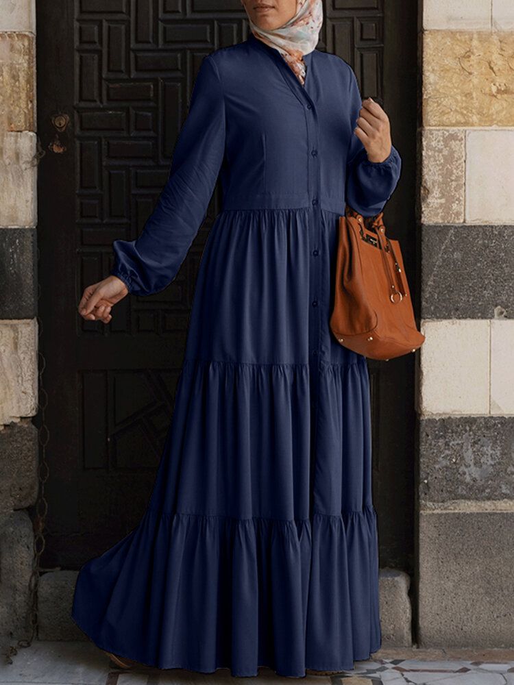 Einfarbiges Plissiertes Kaftan-robe-schichtkleid Für Damen Mit O-ausschnitt Und Falten