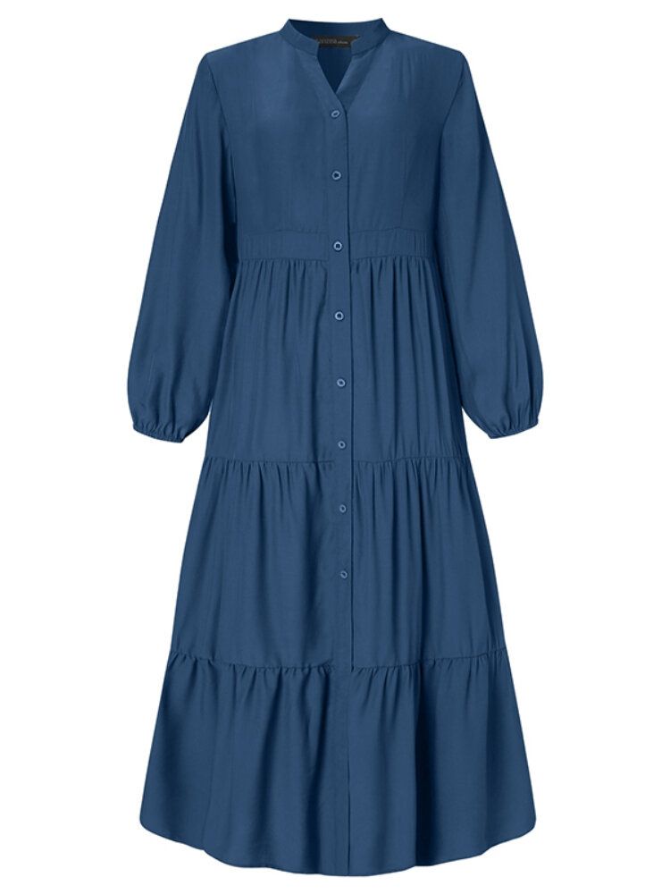 Einfarbiges Plissiertes Kaftan-robe-schichtkleid Für Damen Mit O-ausschnitt Und Falten