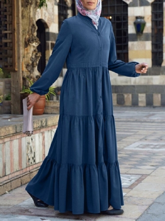 Einfarbiges Plissiertes Kaftan-robe-schichtkleid Für Damen Mit O-ausschnitt Und Falten