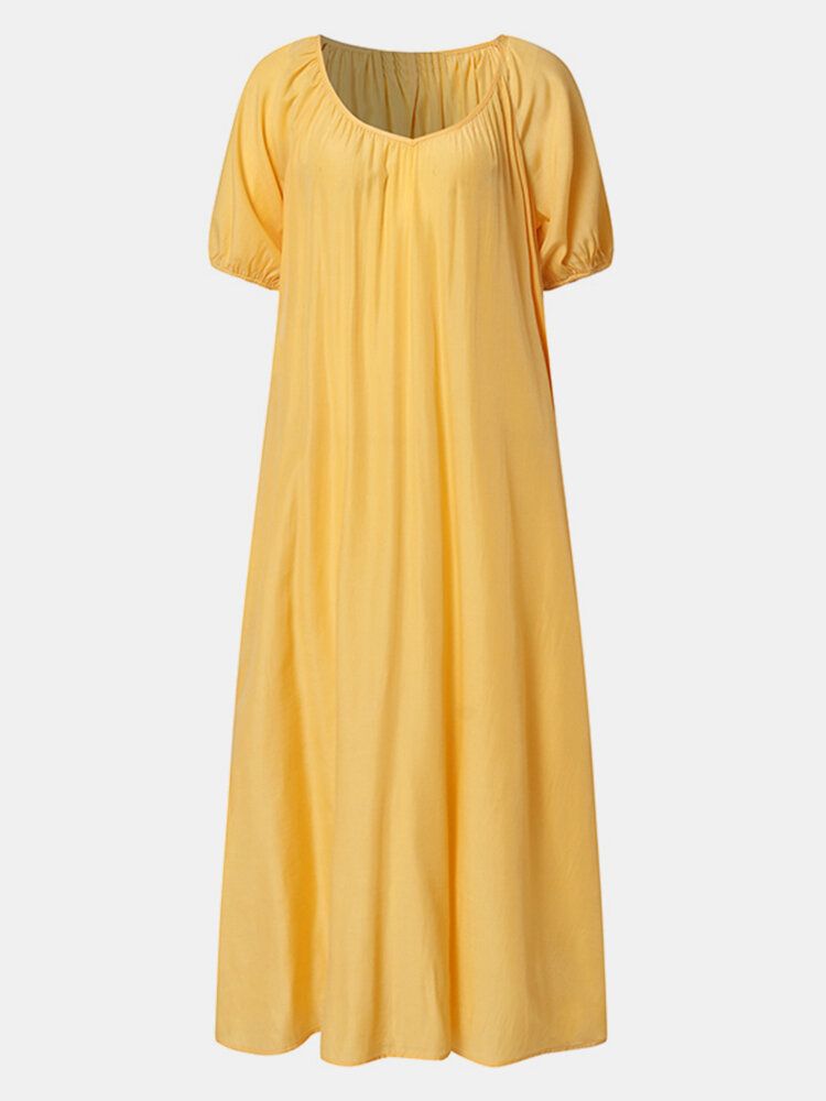 Einfarbiges Plissiertes Maxikleid Aus Chiffon Mit Puffärmeln Für Den Alltag