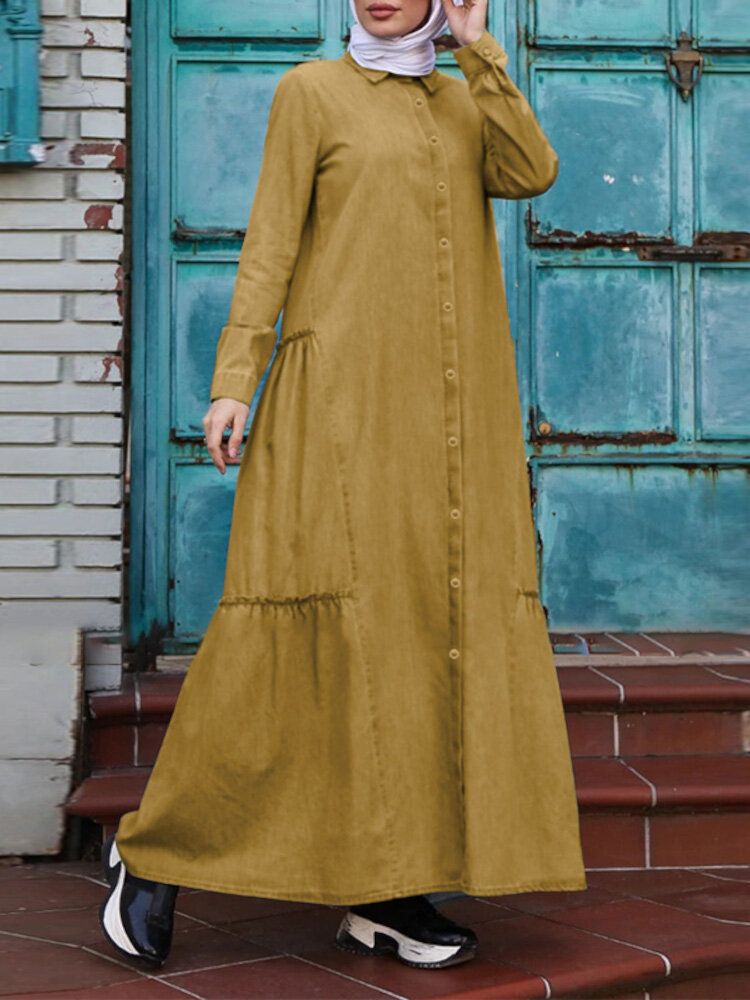 Einfarbiges Retro-knopf-revers-langarm-beiläufiges Muslimisches Kleid Abaya Kaftan Für Frauen