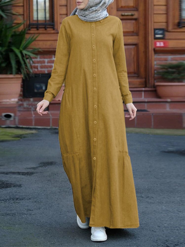 Einfarbiges Retro-knopf-revers-langarm-beiläufiges Muslimisches Kleid Abaya Kaftan Für Frauen