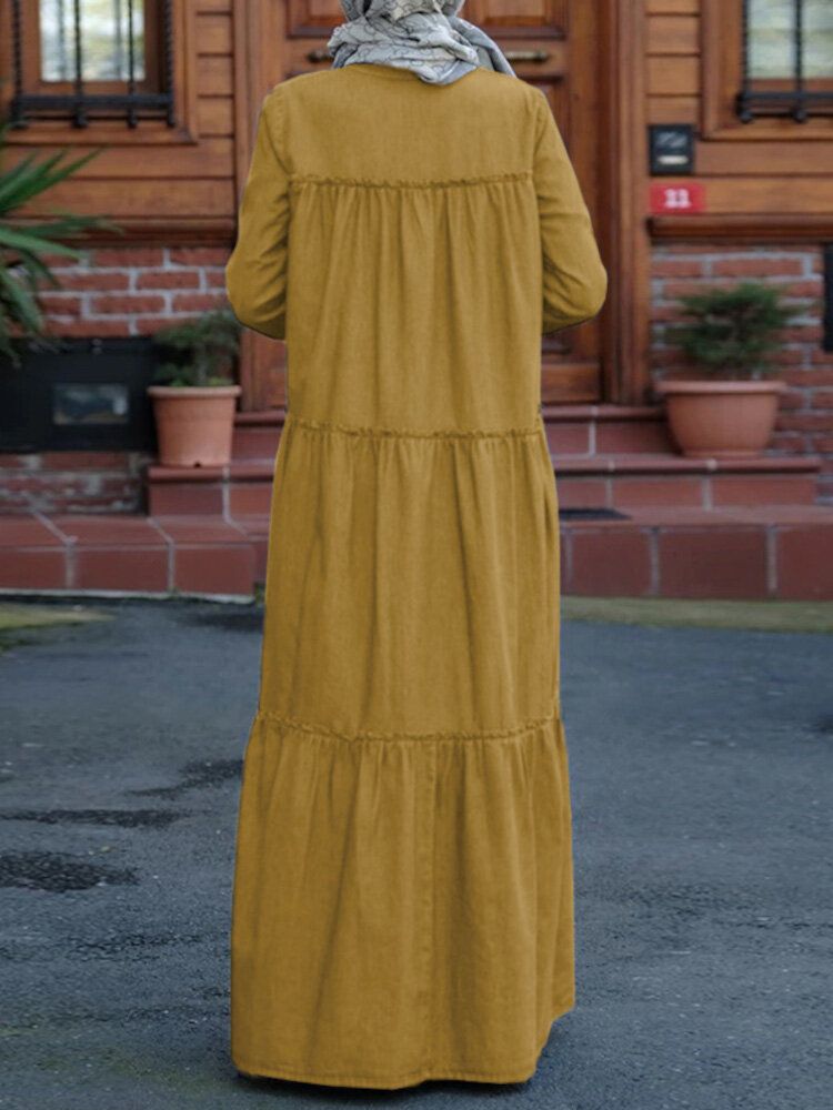 Einfarbiges Retro-knopf-revers-langarm-beiläufiges Muslimisches Kleid Abaya Kaftan Für Frauen