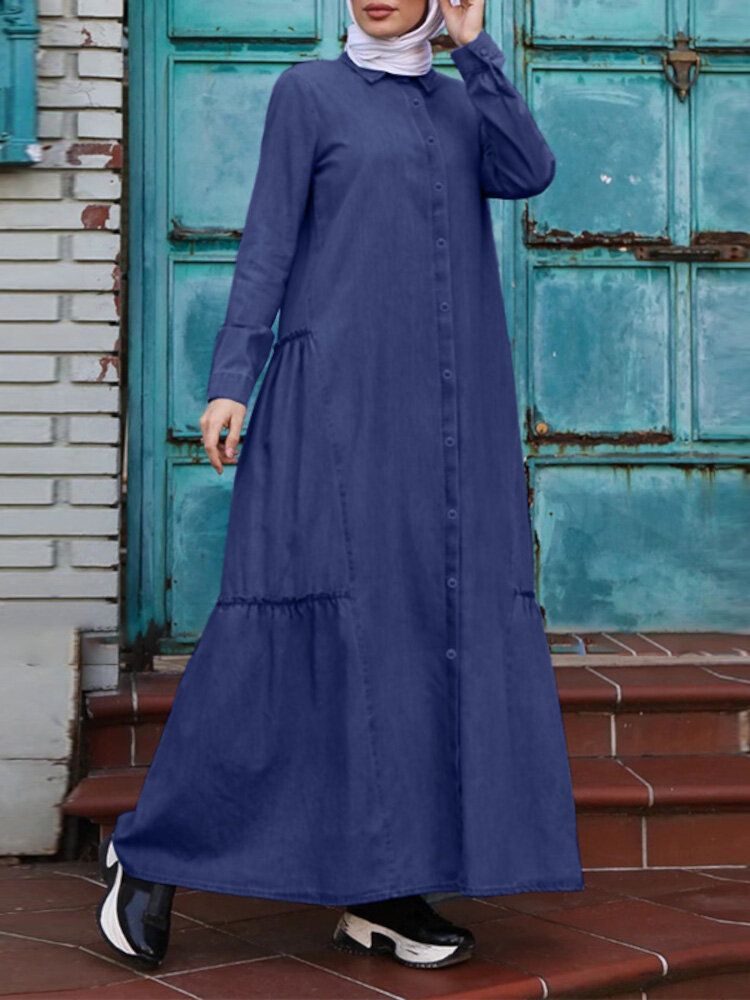 Einfarbiges Retro-knopf-revers-langarm-beiläufiges Muslimisches Kleid Abaya Kaftan Für Frauen