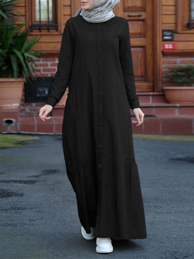 Einfarbiges Retro-knopf-revers-langarm-beiläufiges Muslimisches Kleid Abaya Kaftan Für Frauen