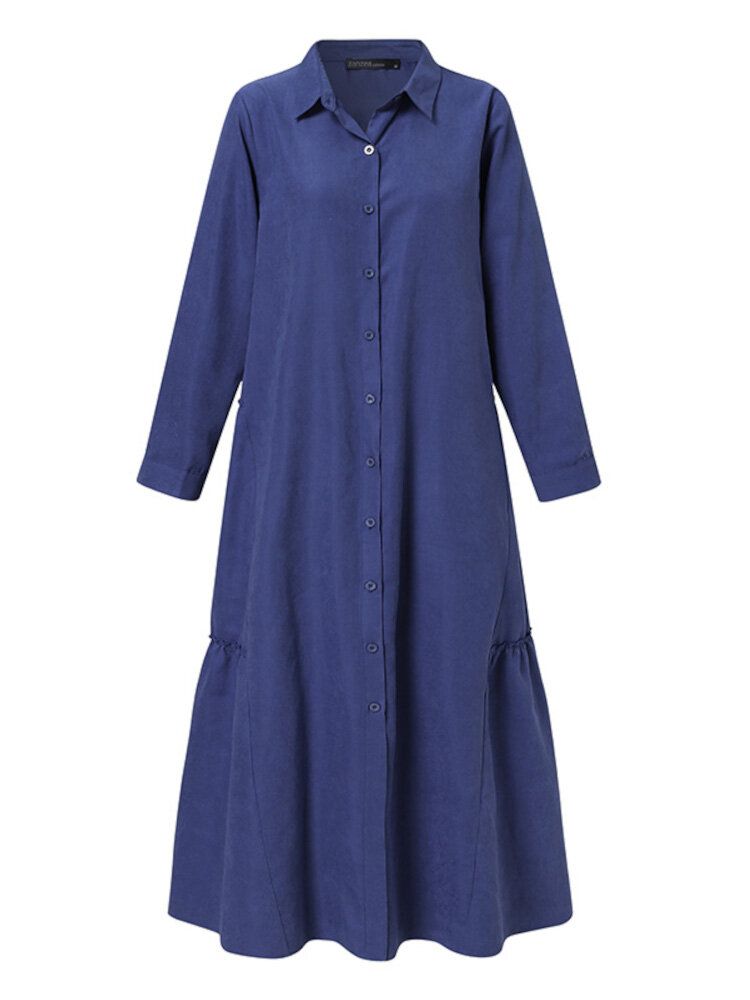 Einfarbiges Retro-knopf-revers-langarm-beiläufiges Muslimisches Kleid Abaya Kaftan Für Frauen