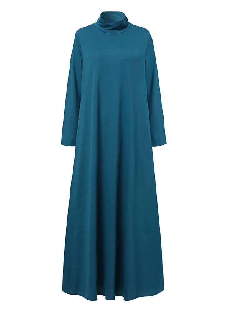 Einfarbiges Rollkragen-seitentaschen-langarm-vintage-maxikleid Für Damen