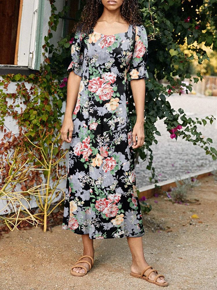 Elegantes Maxikleid Mit Blumenmuster Und Quadratischem Kragen Für Damen