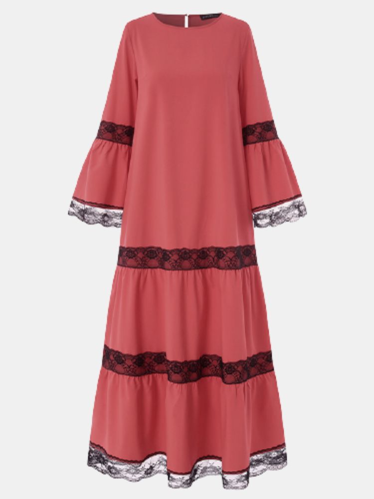 Farbblock-spitzennähte O-ausschnitt Langärmliges Mehrlagiges Kaftan-causal-maxikleid