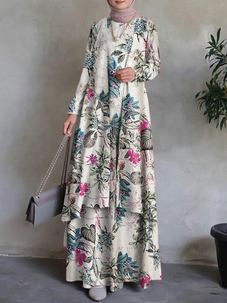 Frauen 100% Baumwolle Abaya Kaftan Bohemian Double-layer-design Floral Freizeit Maxikleid