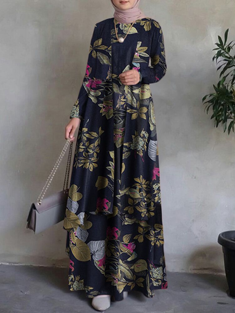 Frauen 100% Baumwolle Abaya Kaftan Bohemian Double-layer-design Floral Freizeit Maxikleid