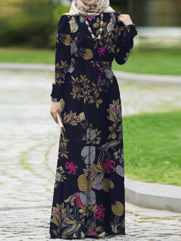 Frauen 100 % Baumwolle Puffärmel Abaya Kaftan Abgestuftes Freizeit-blumen-retro-kleid