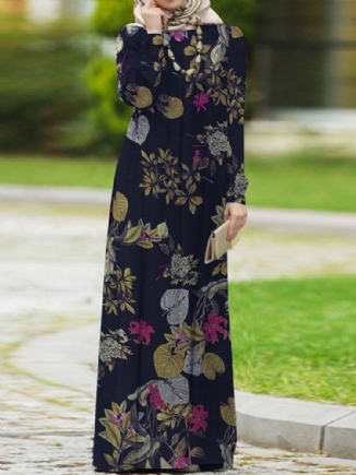 Frauen 100 % Baumwolle Puffärmel Abaya Kaftan Abgestuftes Freizeit-blumen-retro-kleid