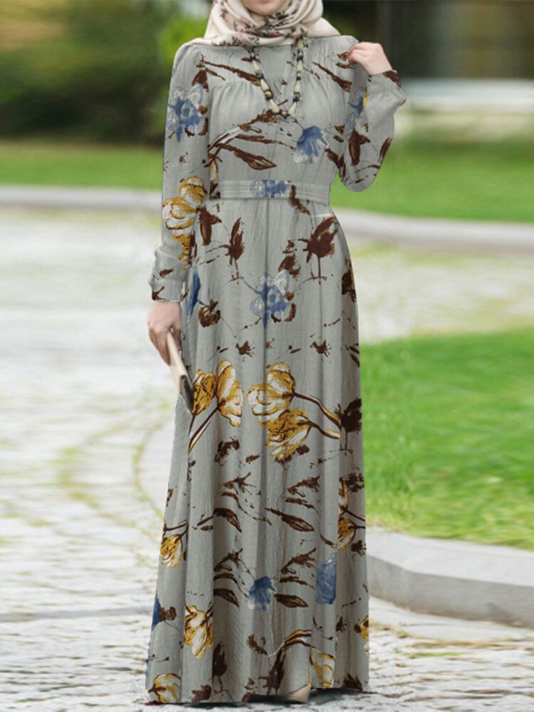 Frauen Abaya Kaftan Puffärmel Abgestuftes Retro-freizeit-blumen-knöchel-längen-kleid