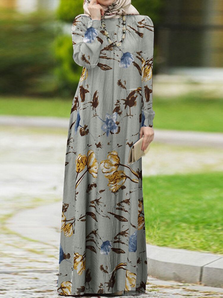 Frauen Abaya Kaftan Puffärmel Abgestuftes Retro-freizeit-blumen-knöchel-längen-kleid