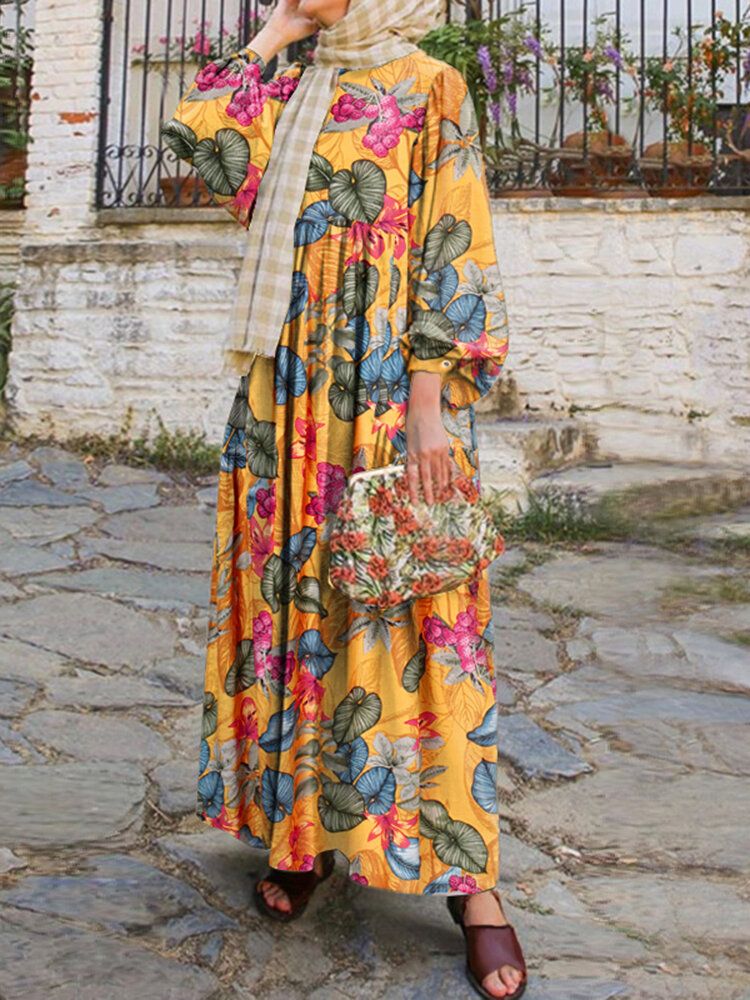 Frauen Abaya Kaftan Puffärmel Floral Bohemian Knöchellanges Kleid