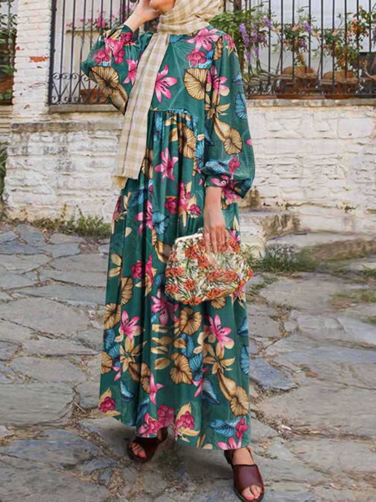 Frauen Abaya Kaftan Puffärmel Floral Bohemian Knöchellanges Kleid