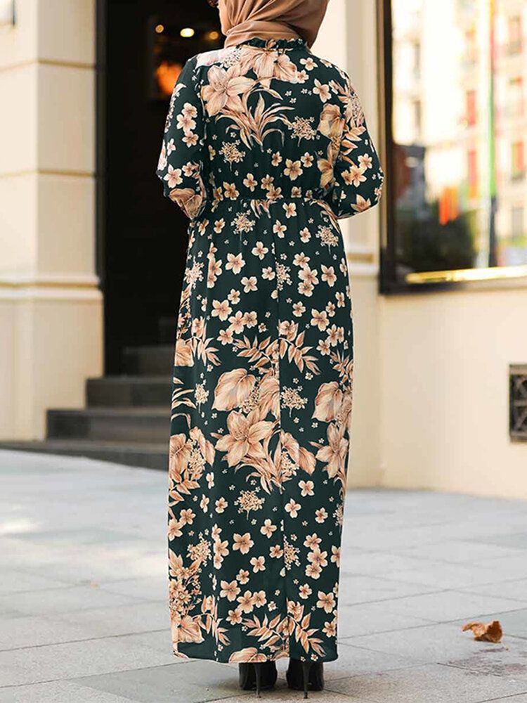 Frauen-blumen-druck-rüschen-manschetten Schnür-stehkragen-beiläufiges Maxi-muslimisches Kleid Abaya Kaftan