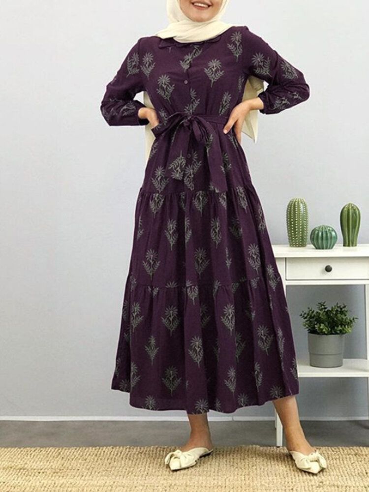 Frauen Blumendruck Revers Puffärmel Kaftan Maxikleid Mit Gürtel