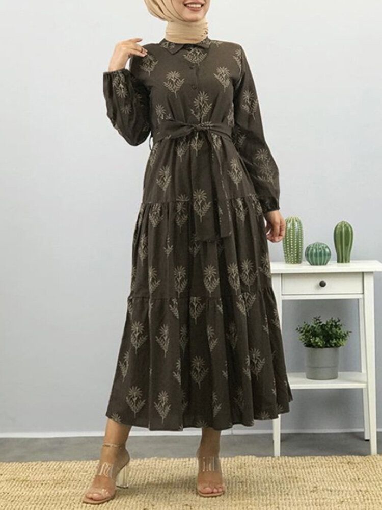 Frauen Blumendruck Revers Puffärmel Kaftan Maxikleid Mit Gürtel