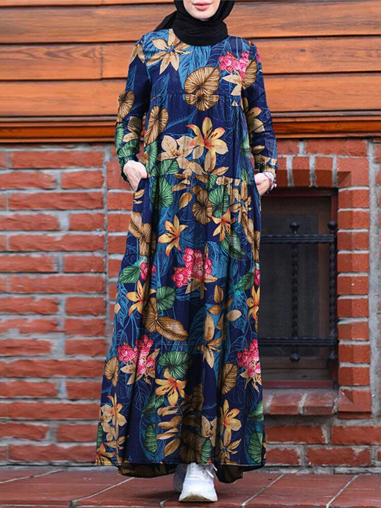 Frauen Casual Robe Kaftan Floral Loose Long Sleeve Outing Kleid Mit Seitentaschen