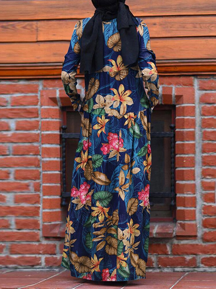 Frauen Casual Robe Kaftan Floral Loose Long Sleeve Outing Kleid Mit Seitentaschen