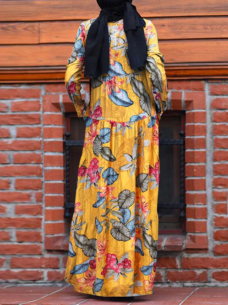 Frauen Casual Robe Kaftan Floral Loose Long Sleeve Outing Kleid Mit Seitentaschen