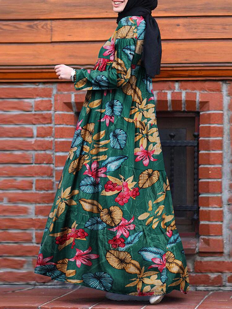 Frauen Casual Robe Kaftan Floral Loose Long Sleeve Outing Kleid Mit Seitentaschen