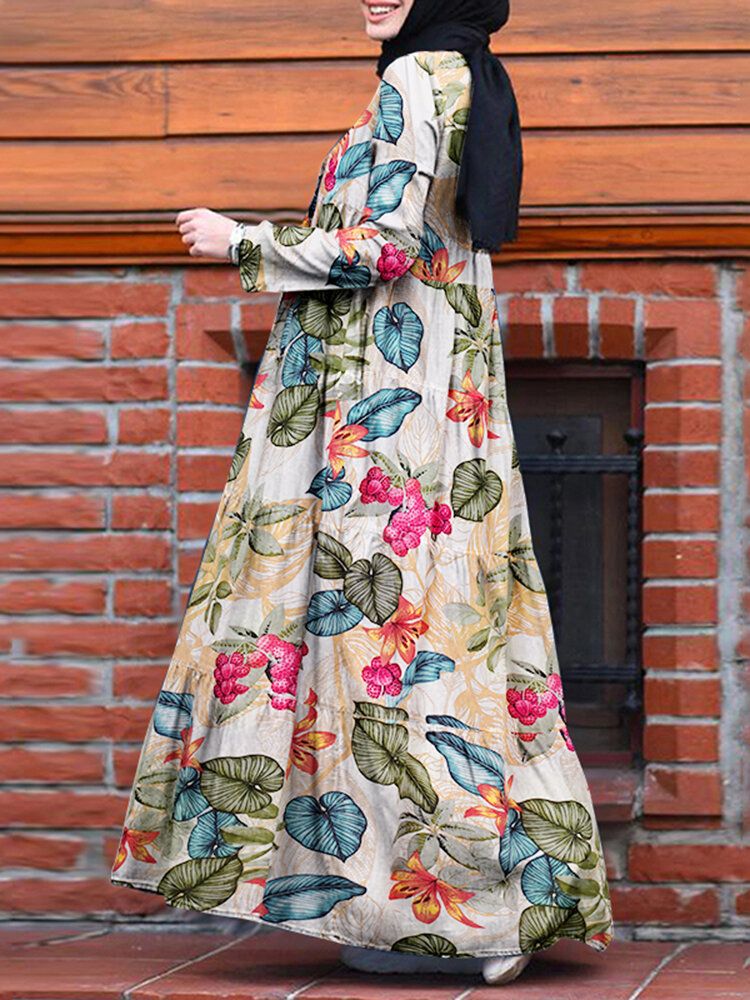 Frauen Casual Robe Kaftan Floral Loose Long Sleeve Outing Kleid Mit Seitentaschen