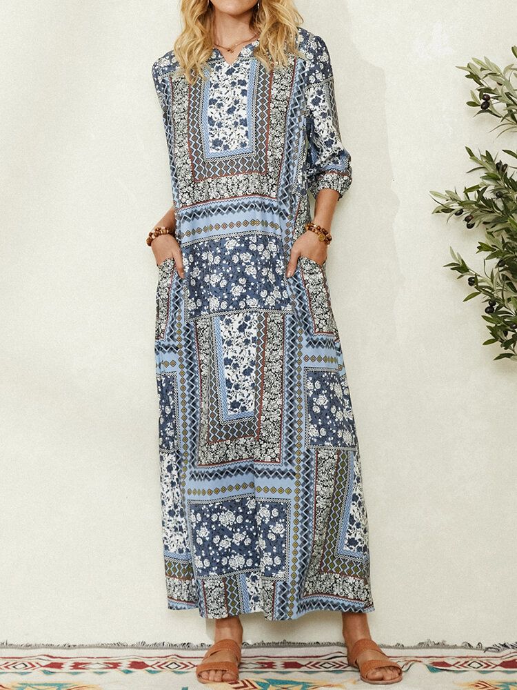 Frauen Ethnic Style Print V-ausschnitt Seitentasche 3/4 Ärmel Vintage Maxikleid