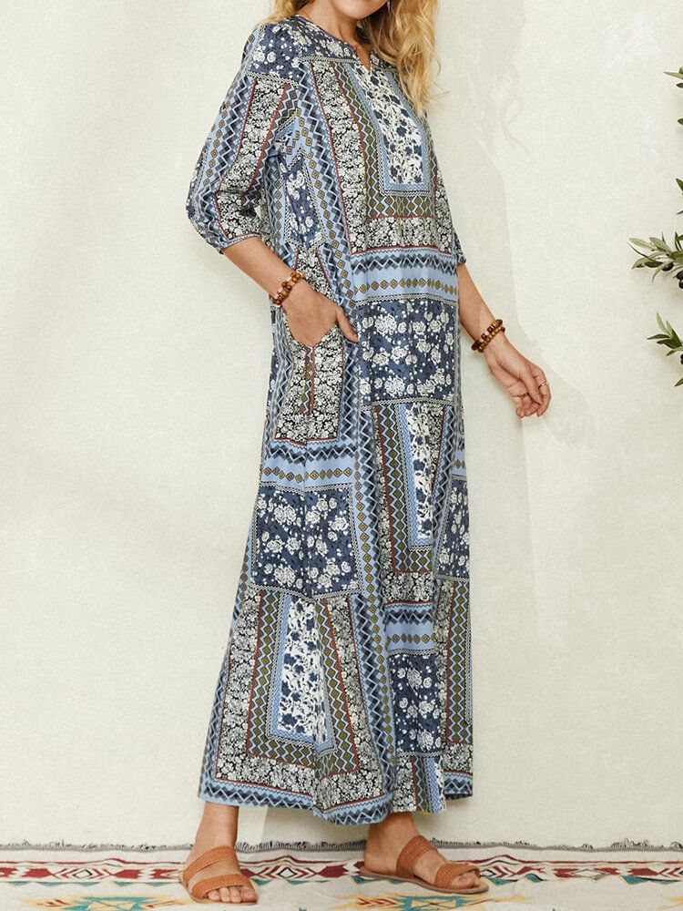 Frauen Ethnic Style Print V-ausschnitt Seitentasche 3/4 Ärmel Vintage Maxikleid