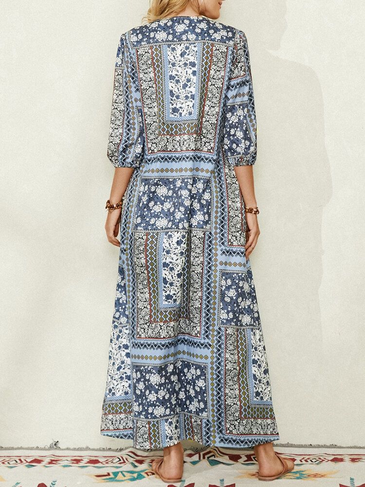 Frauen Ethnic Style Print V-ausschnitt Seitentasche 3/4 Ärmel Vintage Maxikleid