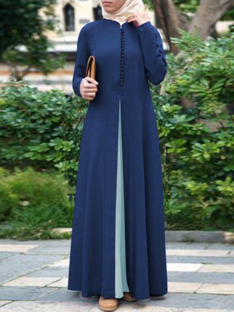 Frauen-kontrastfarbe Die Böhmischen Knopf Langärmliges Muslimisches Maxikleid Abaya Kaftan Näht